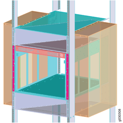 3D model of a structural framework with colored panels and beams, indicating different materials or parts in a design.