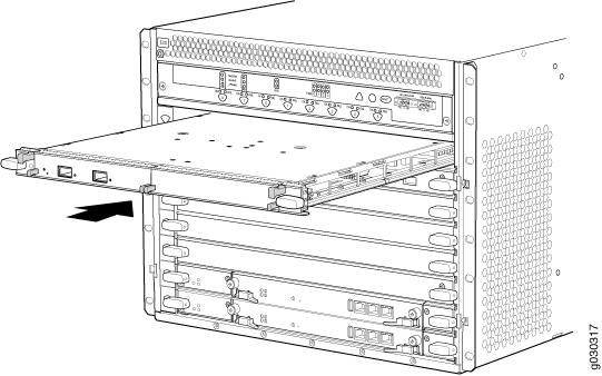 Technical illustration of a network equipment chassis with multiple slots for line cards, one card partially pulled out.