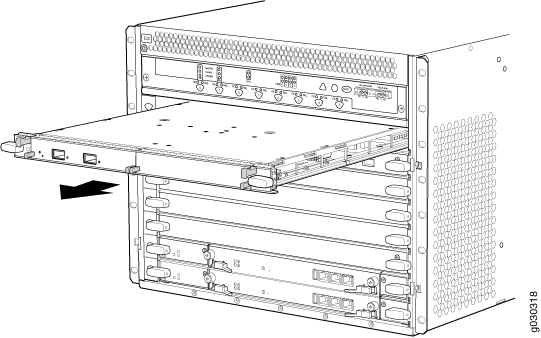 Network equipment chassis with multiple slots for line cards; one card partially pulled out; ventilation holes on the side.