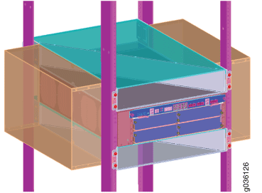 Rack-mounted electronic device with colored sections indicating components like airflow guides, shielding, or mounting brackets.