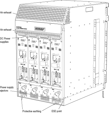 Technical diagram of Siemens SITOP PSU8600 showing components like air exhaust, DC power outlets, modules, protective coating, and COM port.