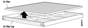 Diagram of an air filter system showing an air filter above a tray with an arrow indicating installation direction.