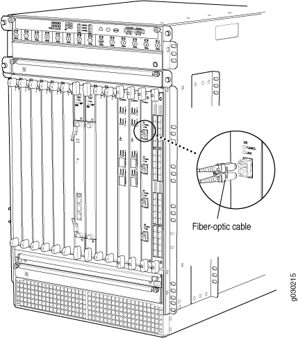 Rack-mounted router with multiple slots for line cards. Zoom on fiber-optic cable connection for high-speed data transmission.