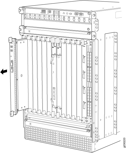 Technical diagram of a modular router chassis with slots for line cards and open panel for maintenance.