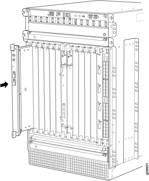 Technical diagram of a modular router chassis showing slots for line cards, power supplies, and cooling fans.
