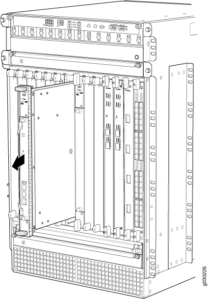 Technical diagram of a network equipment chassis with slots for modules, one card partially inserted, showing connectors and ports.