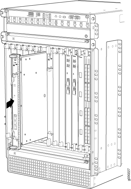 Technical illustration of a network equipment chassis with slots for line cards and power supplies. An arrow indicates a component being inserted or removed.