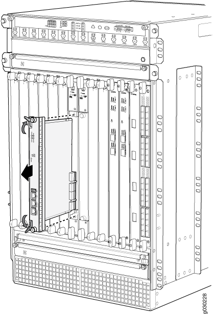 Technical illustration of a network equipment chassis with slots for line cards and control modules. An arrow indicates a card being inserted or removed.