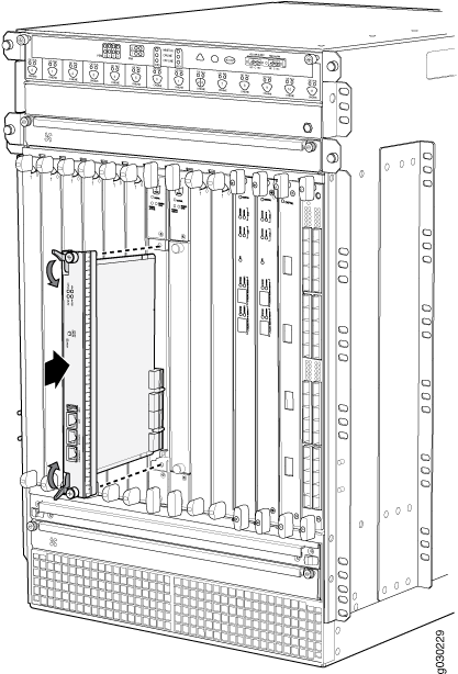 Technical diagram of a network equipment chassis with multiple slots for line cards; one module being inserted or removed.