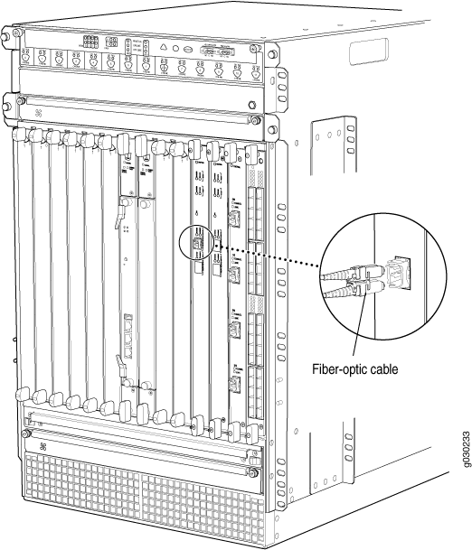 Network equipment chassis with slots for modules, highlighting a fiber-optic cable plugged into a port for high-speed data transmission.