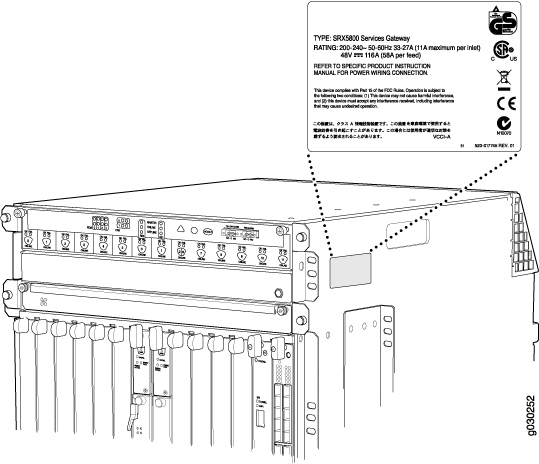 Technical diagram of a network switch with labeled ports, connectors, and components. Highlights a label with model and serial numbers.