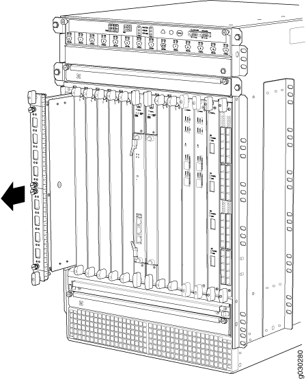 Technical diagram of a network equipment chassis with open front panel showing card slots and connectors. Arrow indicates module insertion.