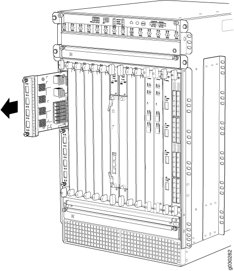 Technical drawing of a network equipment chassis with modular slots and a partially removed line card.