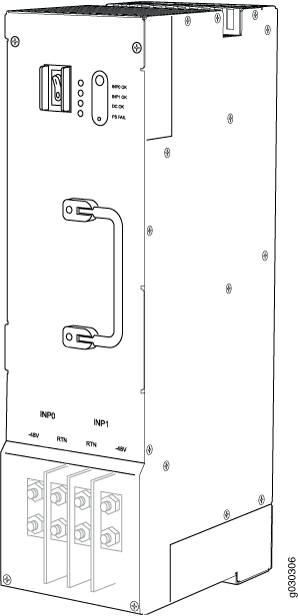 Technical drawing of an industrial electrical component with connectors, terminals, and mounting points for power control or distribution.