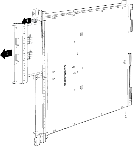 Diagram of a panel being inserted into a rack-mounted system, showing numbered labels for connectors and locking mechanisms.