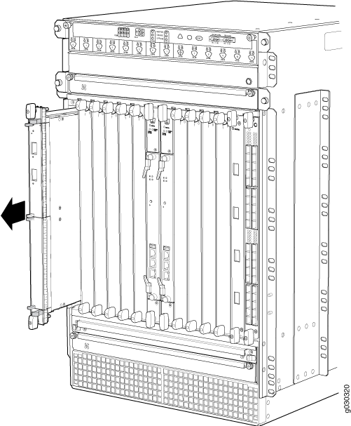 Technical diagram of a modular router chassis with slots for line cards and power supplies, used in data centers.