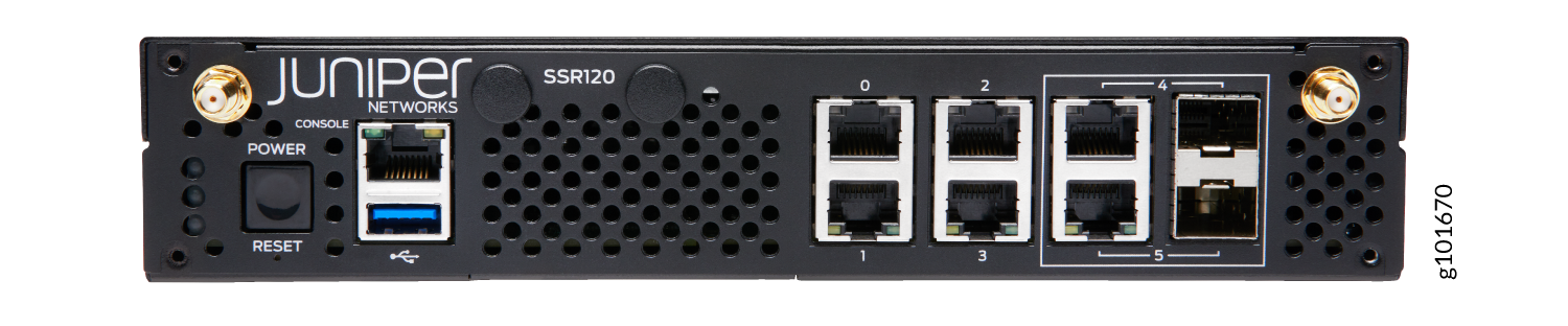 Juniper Networks SSR120 network device with Ethernet, USB, and console ports for enterprise networking.