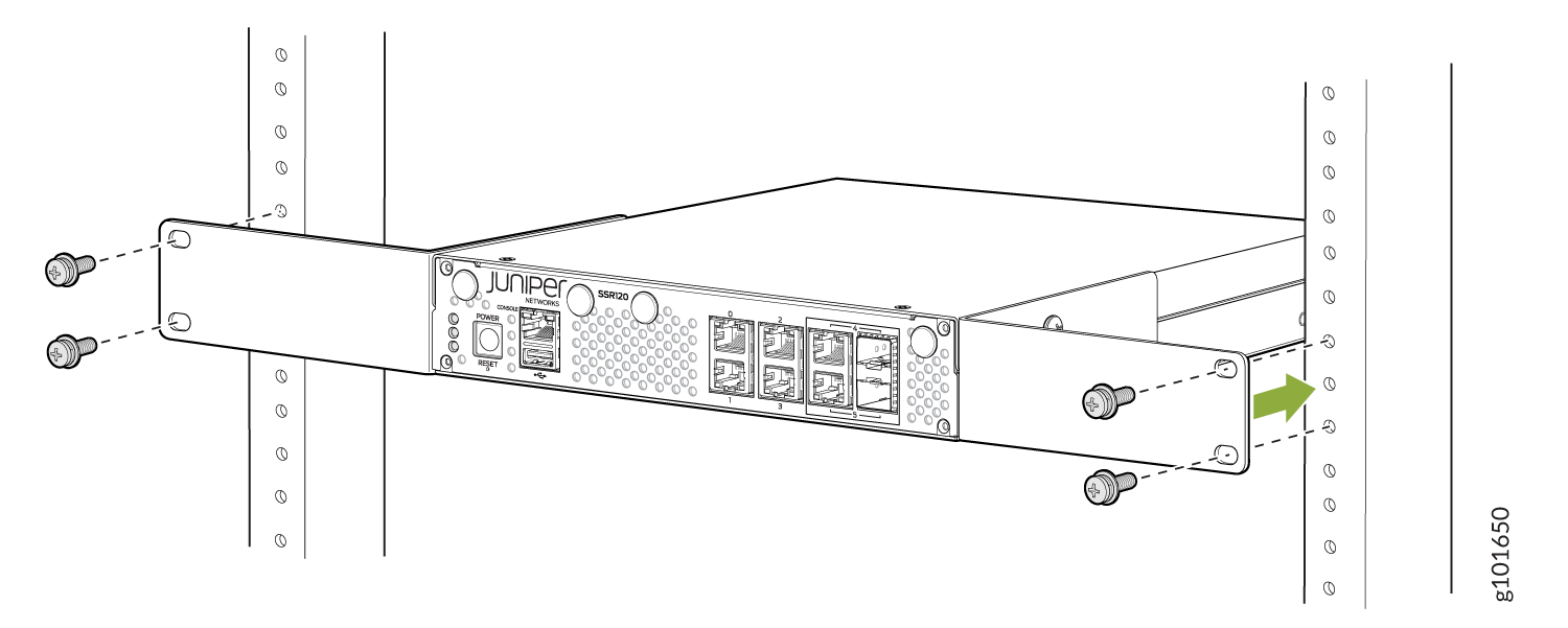 Juniper Networks SSR120 being installed into a server rack with a green arrow showing insertion direction; front panel features Ethernet ports and status indicators.