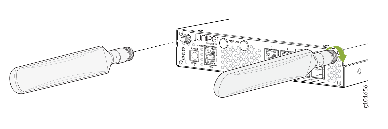 Installing antennas on Juniper Networks SSR120 device with green arrow indicating alignment and twisting process.