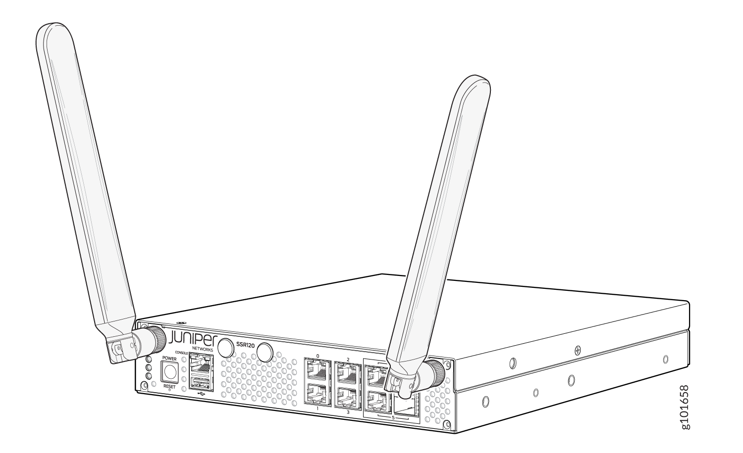 Juniper Networks SSR120 device with antennas, Ethernet ports, console port, and reset button for enterprise routing.