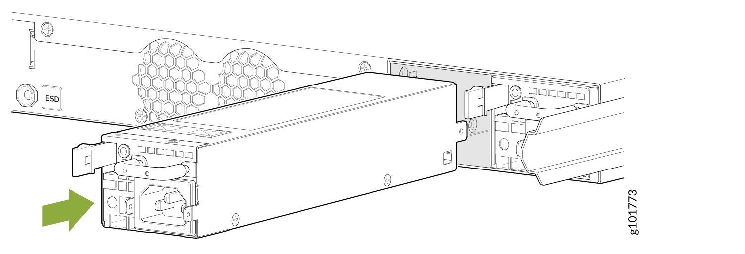 Removable PSU with green arrow showing direction for insertion or removal; honeycomb pattern for cooling and ESD area for electrostatic discharge precautions.