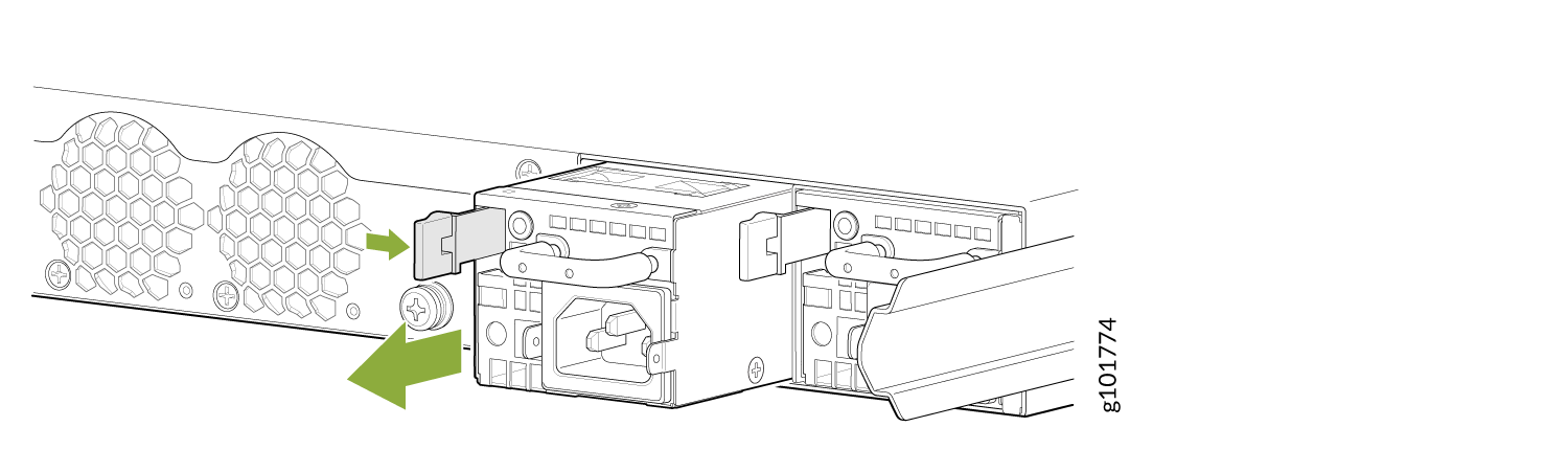 Rear view of a server showing power supply units with green arrows indicating removal or installation process.