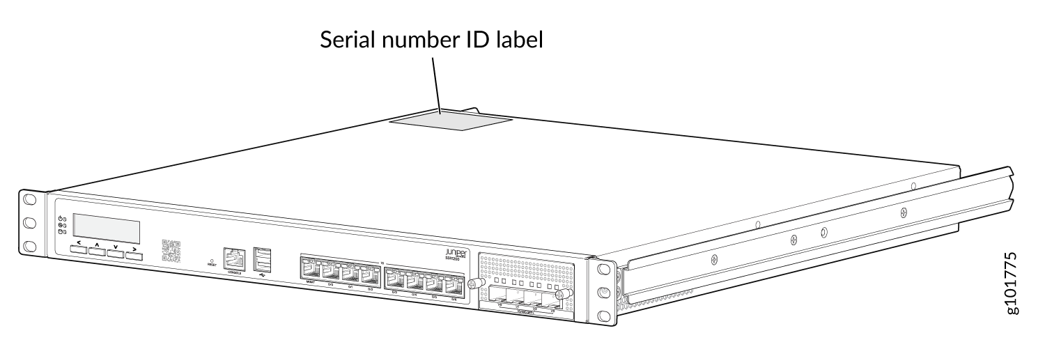 Juniper Networks SRX300 series device with highlighted Serial number ID label on top, showing front panel ports and indicators.