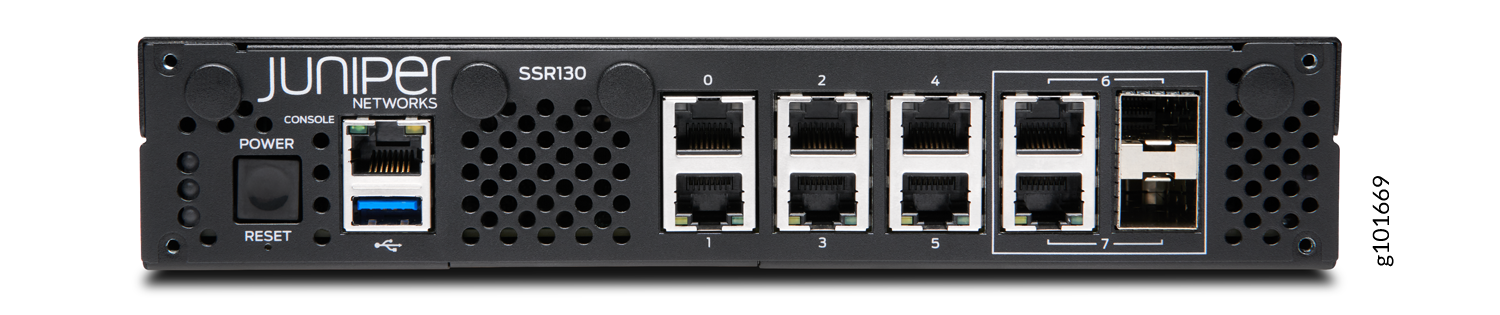 Front panel of Juniper Networks SSR130 device with branding, power and reset buttons, RJ-45 console and Ethernet ports, USB port, and SFP port.