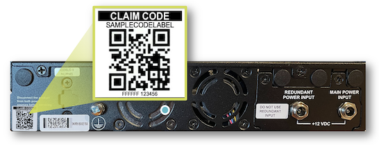 Rear panel of a network device showing QR code with claim code SAMPLECODELABEL FFFFFF 123456, redundant and main power inputs, and cooling fan.