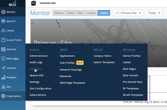Mist Systems network management interface with navigation menu, monitor tabs, dropdown menu, map view, and time filter for IT administrators.