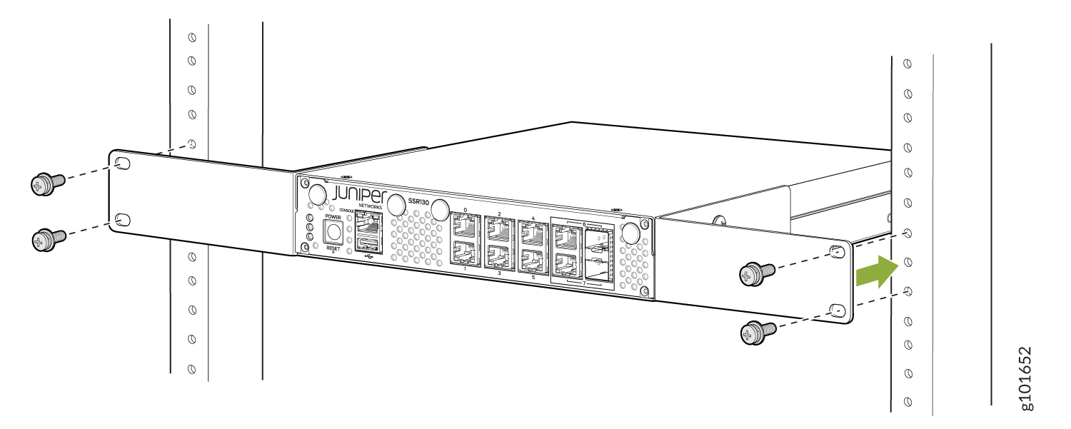 Diagram showing how to install a Juniper Networks SSR130 device into a rack using screws. Arrows indicate insertion direction.