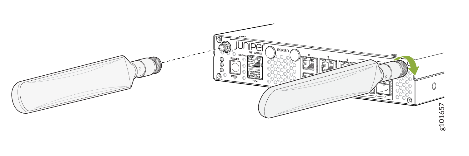 Attaching antennas to Juniper Networks SSR130 by screwing into ports; green arrow shows rotation direction.