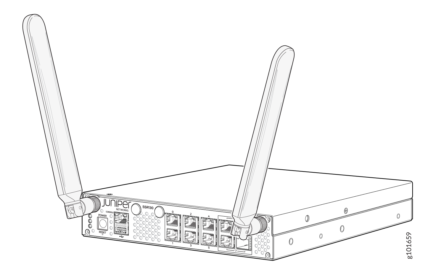 Juniper Networks SSR130 with multiple Ethernet ports and two antennas for wireless networking or routing.