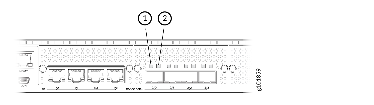 Diagram of a network device rear panel, showing ports: MGMT for management, CON for console access, 1G Ethernet, and 1G/10G SFP+ for high-speed connections.