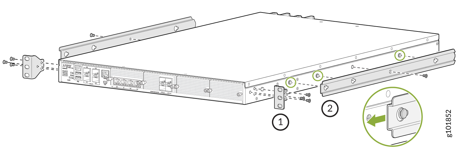 Illustration of rack-mounting a Juniper Networks device showing rack-mount brackets, rails, screws, and front panel ports.