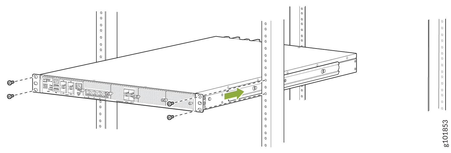 Rack-mounted Juniper Networks device being installed into a server rack with screws and green arrow indicating sliding direction.