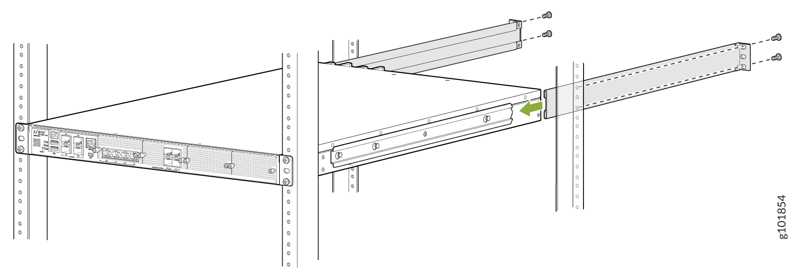 Rack-mounted device being secured with sliding rails into a server rack. Green arrow shows insertion direction. Front panel has ports and connectors.