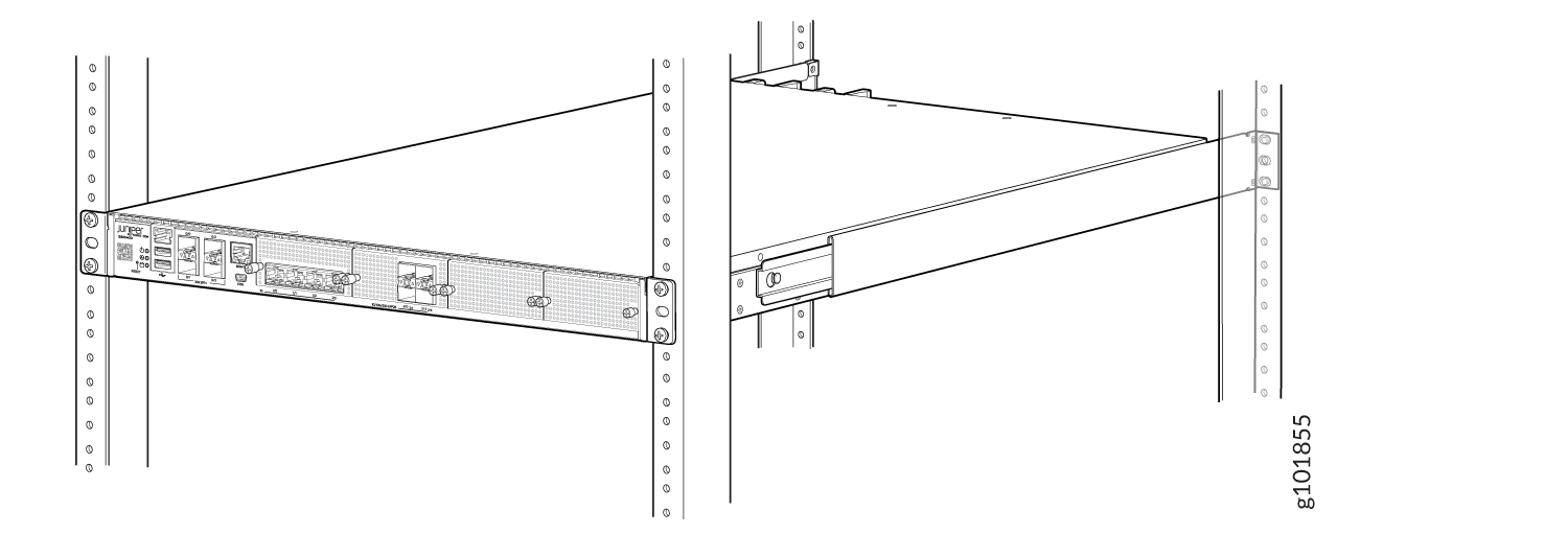 Juniper Networks rack-mounted unit with Ethernet and console ports in a server rack, likely a network switch or router.