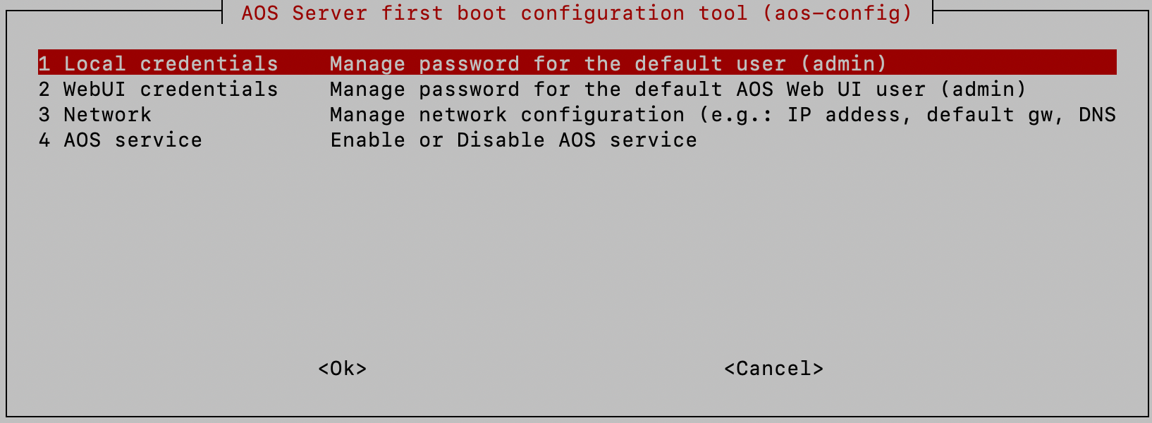 AOS Server first boot configuration tool interface with options for Local credentials, WebUI credentials, Network settings, and AOS service management.