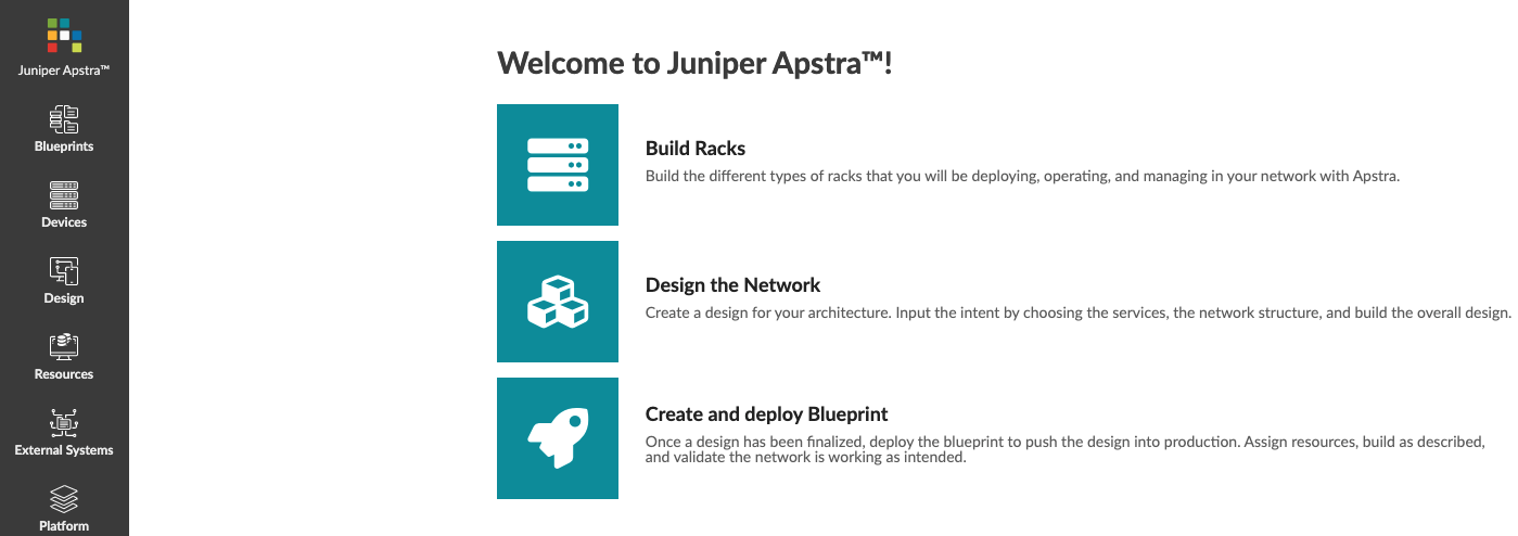 Juniper Apstra interface with sections: Build Racks, Design the Network, Create and Deploy Blueprint. Menu includes Blueprints, Devices, Design, Resources, External Systems, Platform.