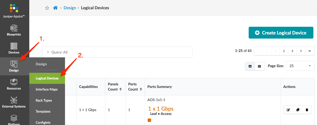 Juniper Apstra interface showing Logical Devices in Design menu with actions for editing and creating devices.