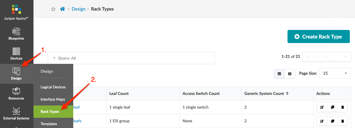 Juniper Apstra UI showing "Rack Types" in Design menu; table lists rack types with columns for Leaf Count, Access Switch Count, and more.