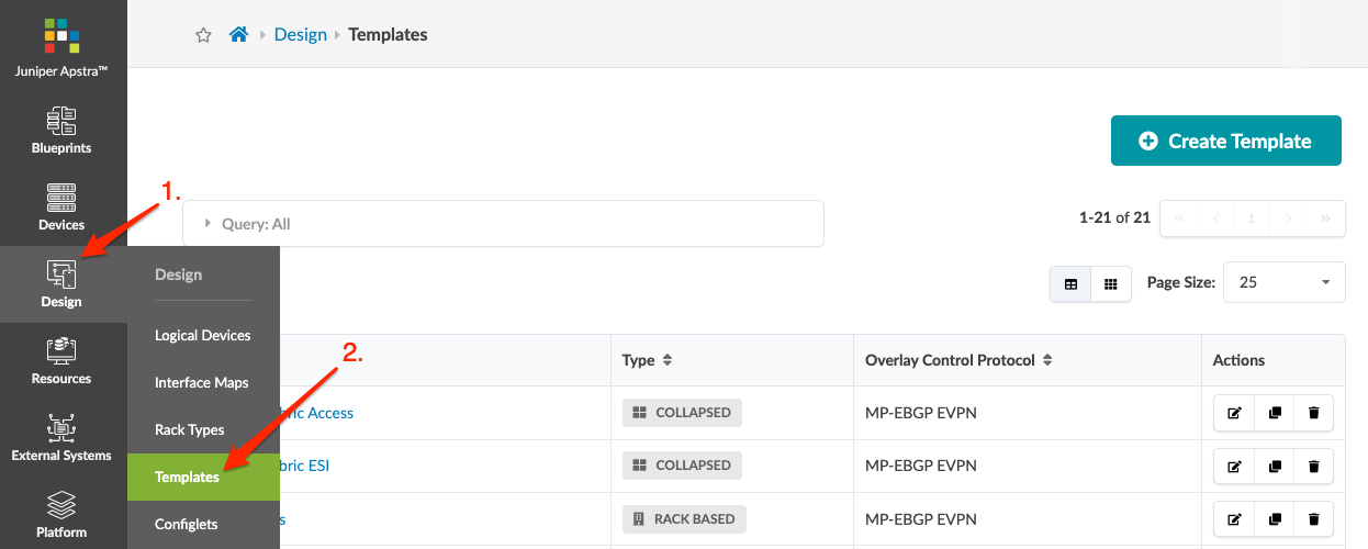 Juniper Apstra UI Templates section under Design menu showing template list with Type, Overlay Control Protocol, and Actions columns. Create Template button at top-right.