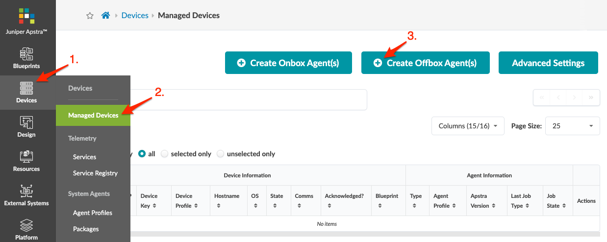 Juniper Apstra interface showing steps to create agents: Devices menu, Managed Devices submenu, Create Offbox Agent button highlighted. Table below shows No items.