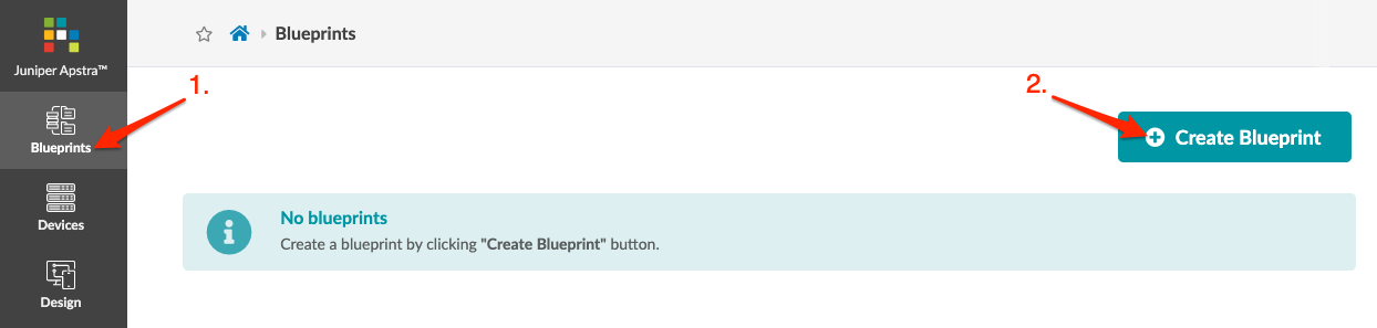 Screenshot of Juniper Apstra software interface showing Blueprint section with sidebar. No blueprints message and Create Blueprint button highlighted.