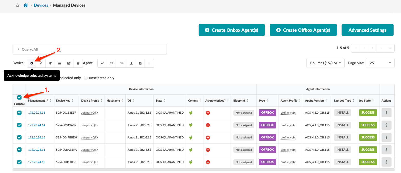Managed Devices interface screenshot showing a list of devices with details like Management IP, Device Key, and State. Five devices are selected for actions, with an Acknowledge button highlighted.