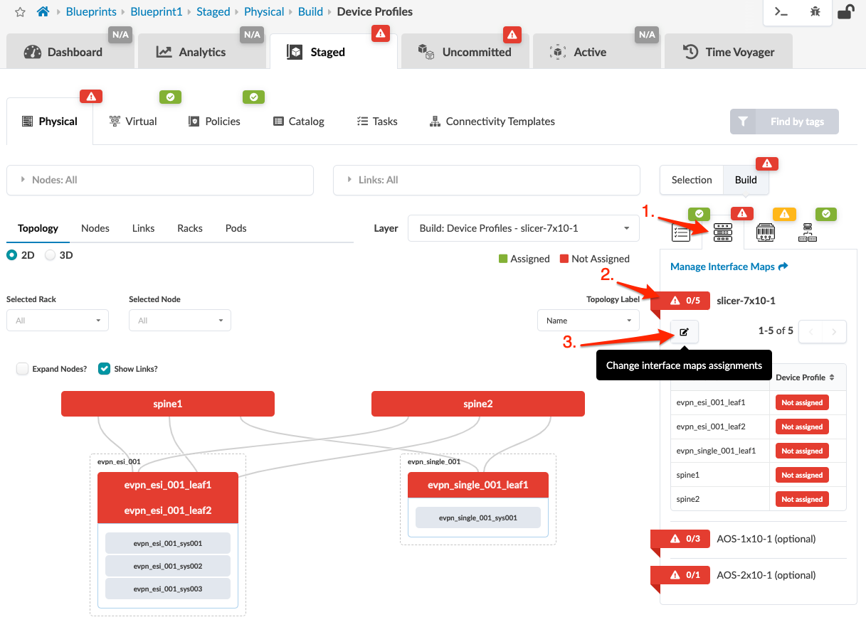Network management interface showing topology with nodes labeled spine1, spine2, and leaf nodes. Options for device profiles, interface maps, and topology labels. Indicators for assigned and unassigned statuses with alerts visible.