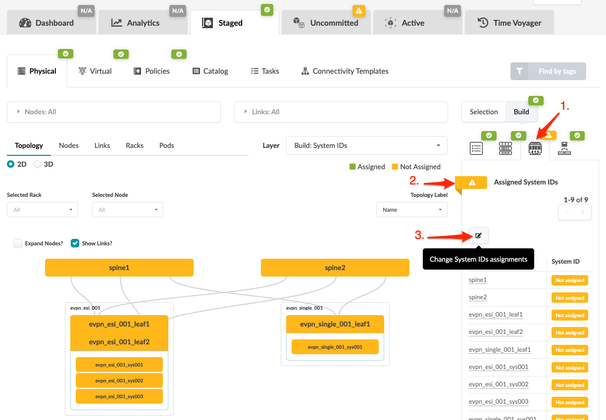 Network management tool interface showing a 2D topology view with nodes like spine1 and evpn_esi_001_leaf1. Toolbar includes options like Dashboard and Analytics. Right panel displays System ID assignments.