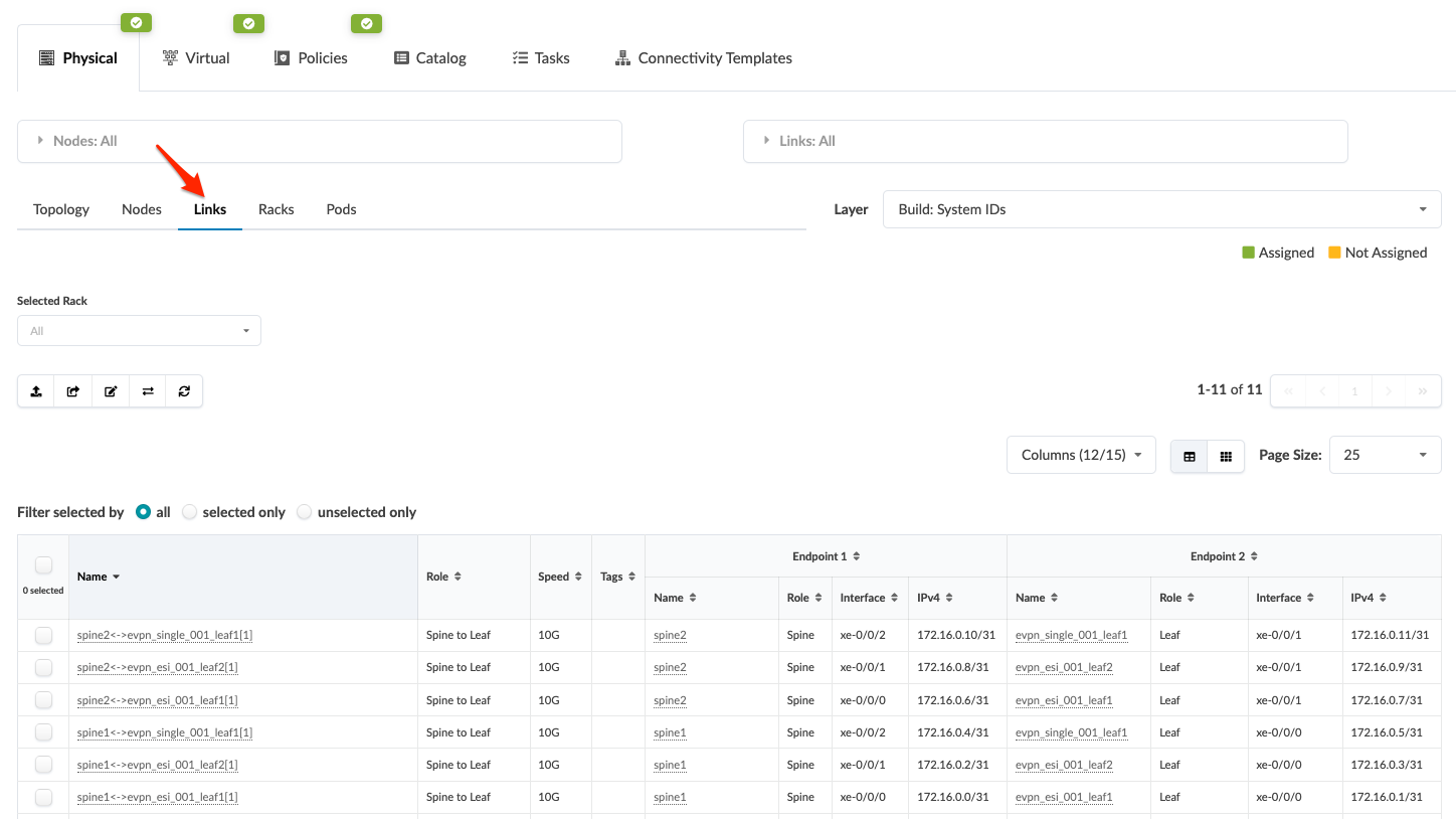 Network management interface showing physical links tab with filter options; lists link details like name, role, speed, and device endpoints.