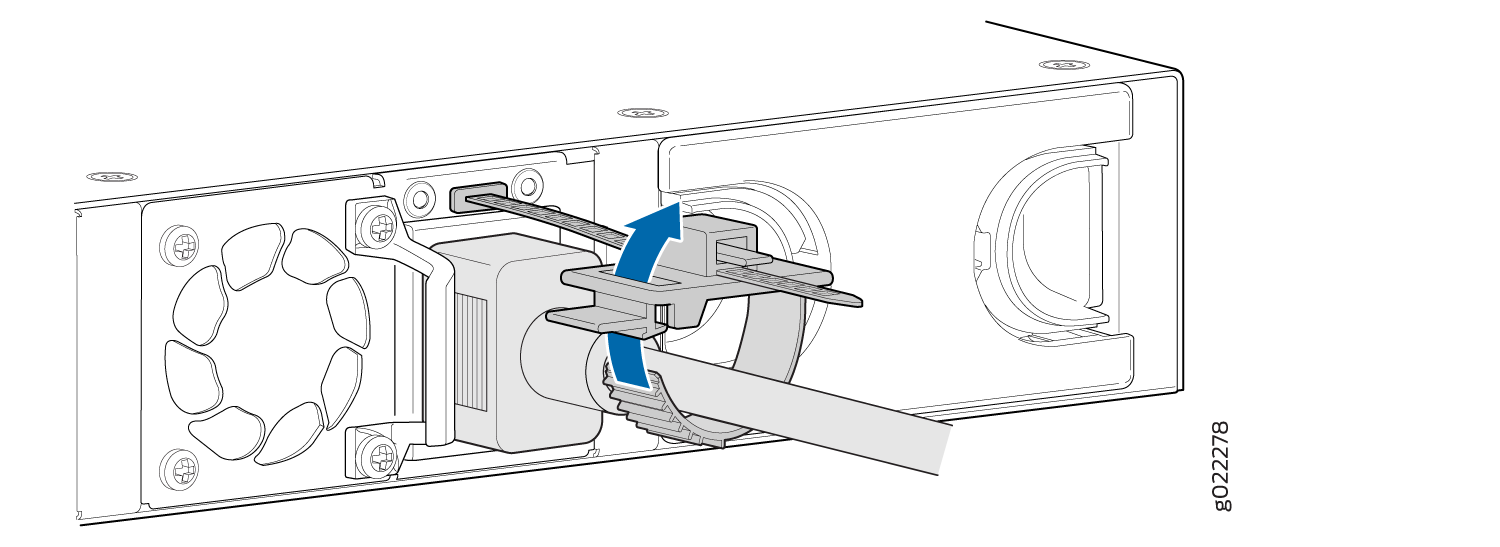 Insert cable into connector following blue arrows; part of electronic assembly, possibly with fan or ventilation system.
